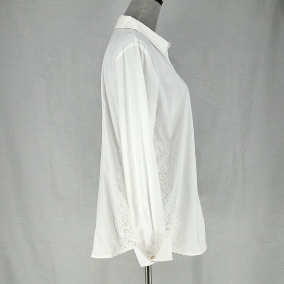 Chicos Top 2 Womens Large 12 White Blouse Cuffed Lace on Sides Buttons Academia - Picture 5 of 16